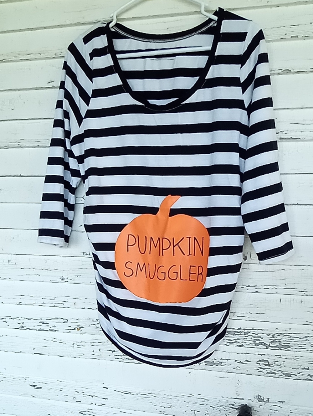 Motherhood Black & White Striped 3/4-Sleeve Tee with Orange Pumpkin Print